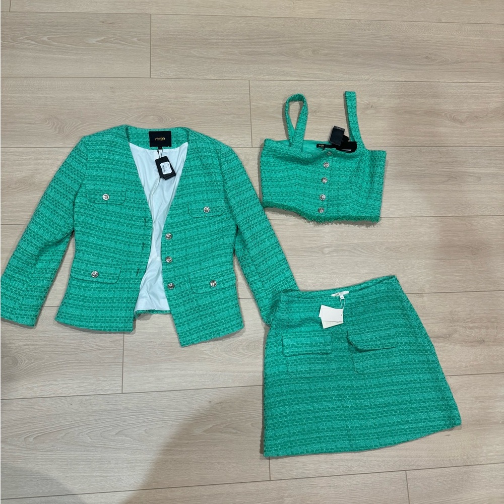 Maje Green Tweed 3 Piece Skirt Jacket Top Set